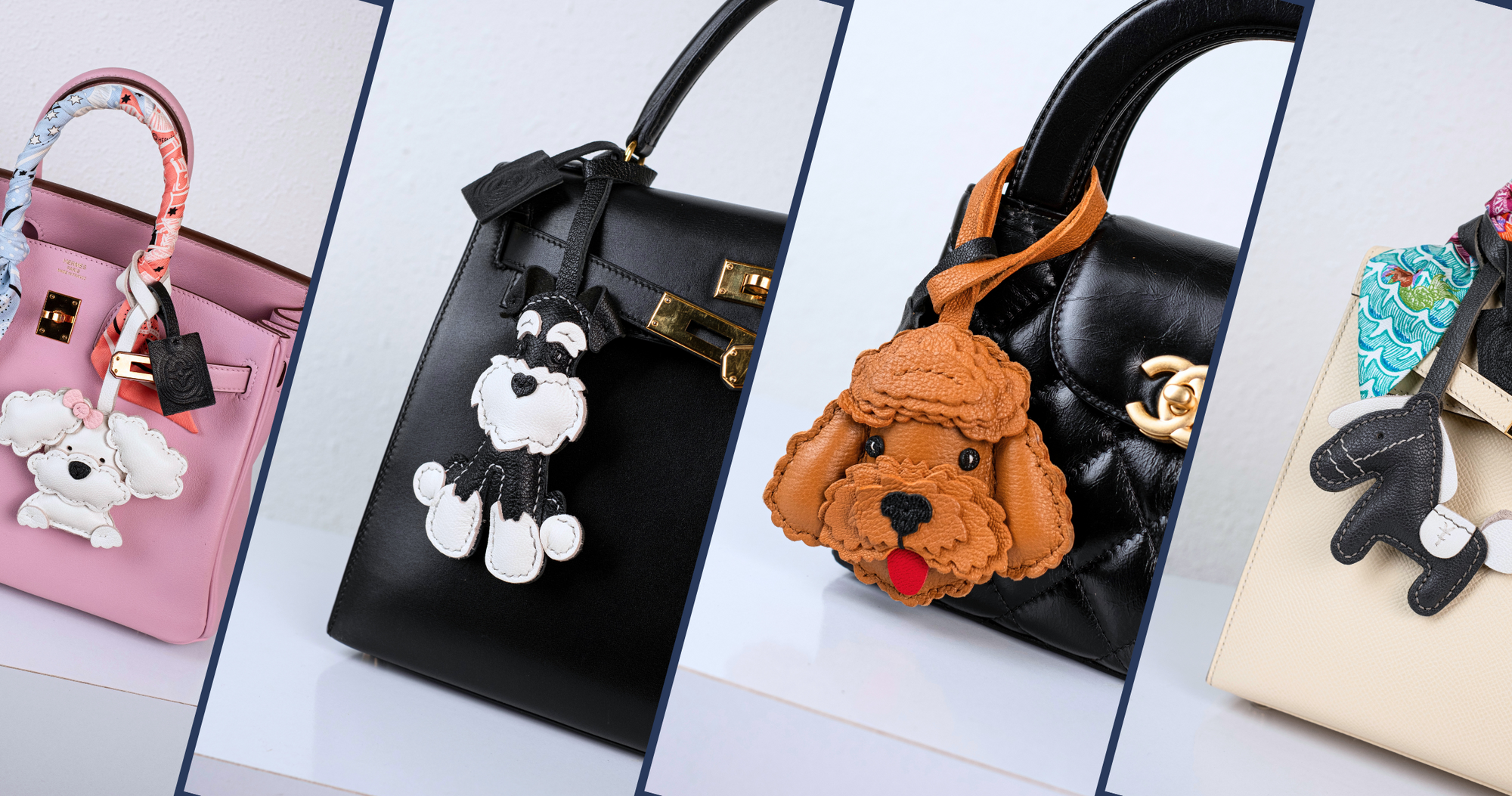 Four luxury bags with dog-shaped leather charm on a white background