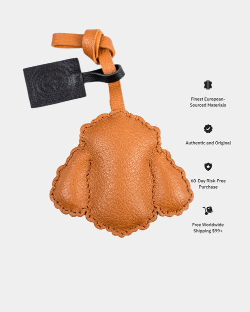 Brown leather product with a strap on a white background, featuring text about product quality and shipping.