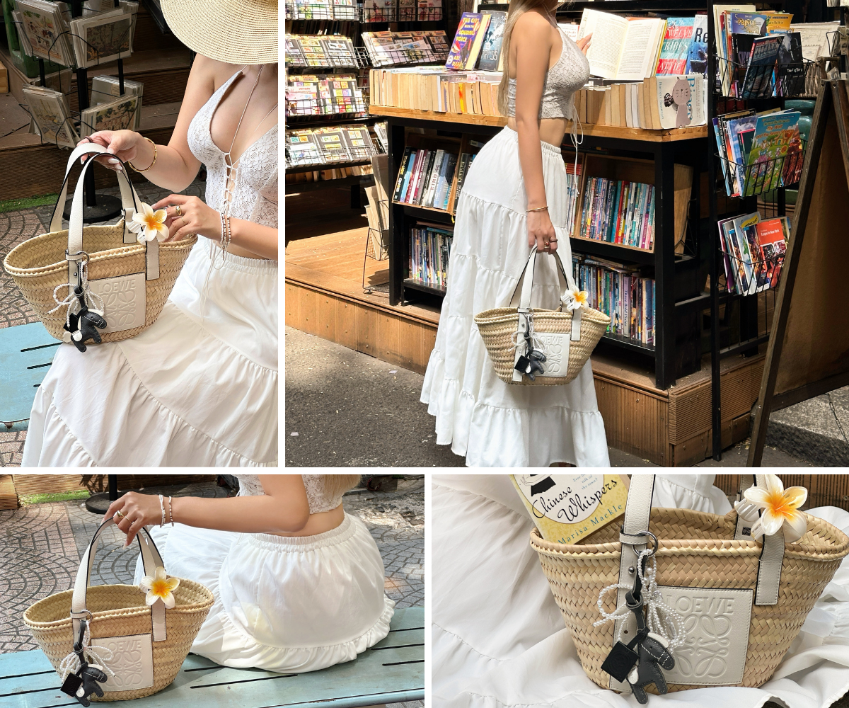 Girl in summer outfit carrying a loewe bag with grey horse leather bag charm