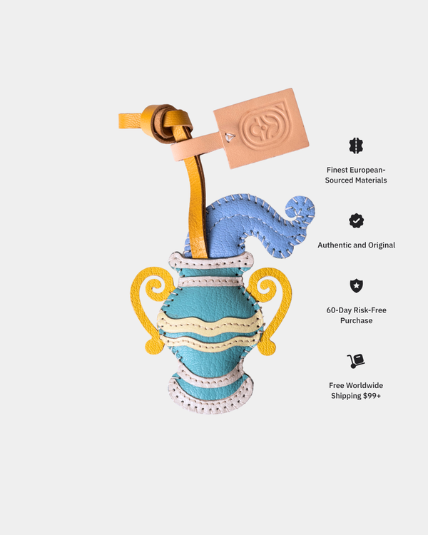 Decorative item with blue base and gold accents on a white background