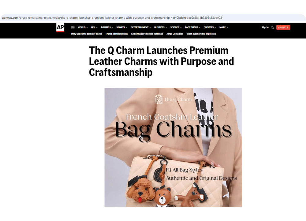 Article about The Q Charm leather charms with a handbag featuring bear and poodle charms.