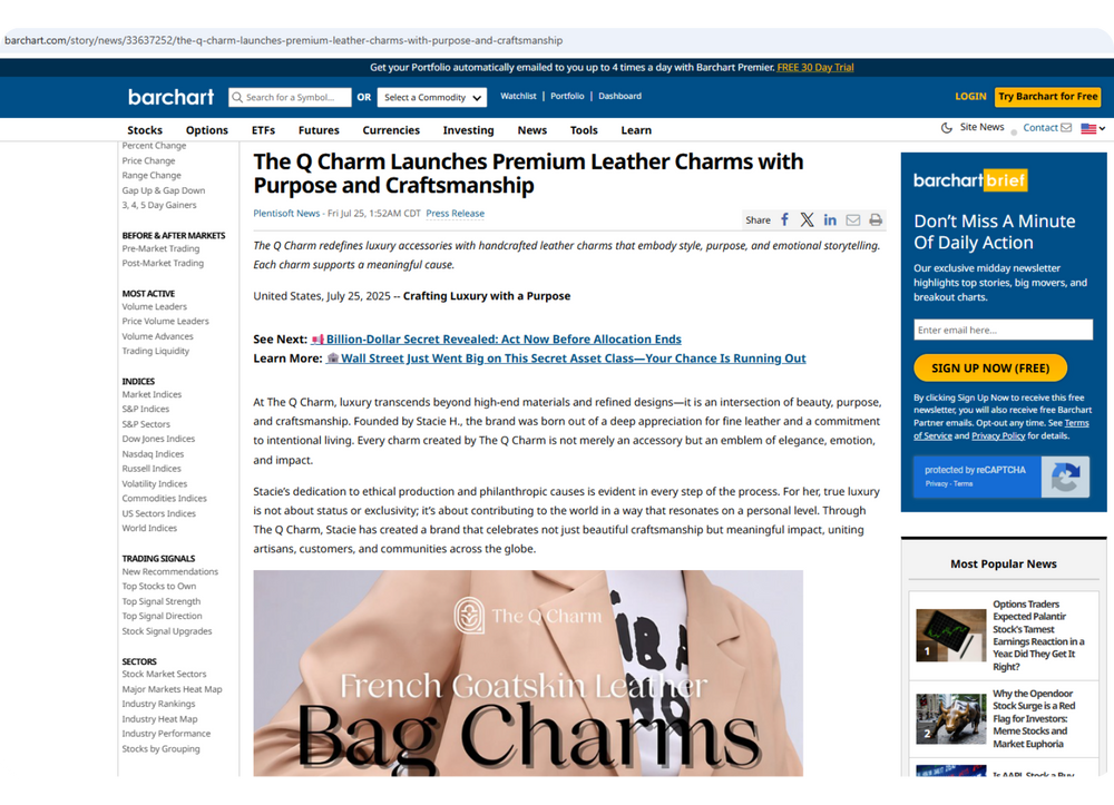 The Q Charm featured on Barchart financial news website with a focus on leather charms