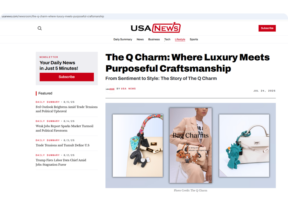 USA News webpage featuring The Q Charm with images of model and bags with leather charms.
